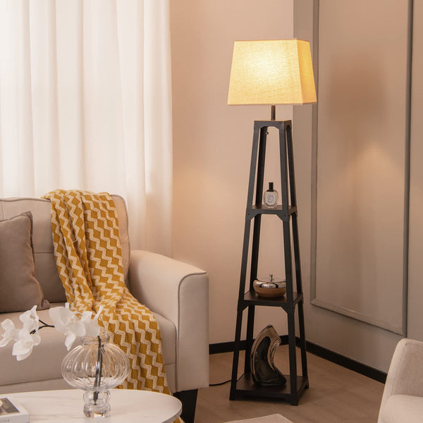 Shelf Floor Lamp, Display Floor Lamp with Shelves and Linen Lampshade