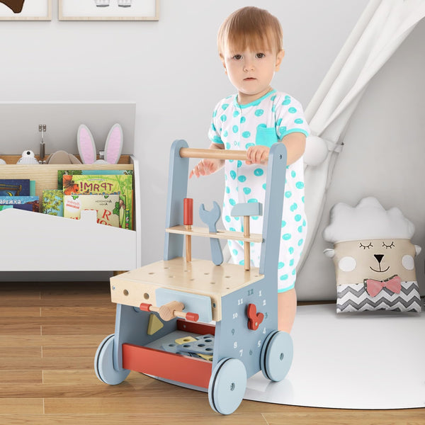 2-in-1 Wooden Baby Push Walker with Multi-Activity Center