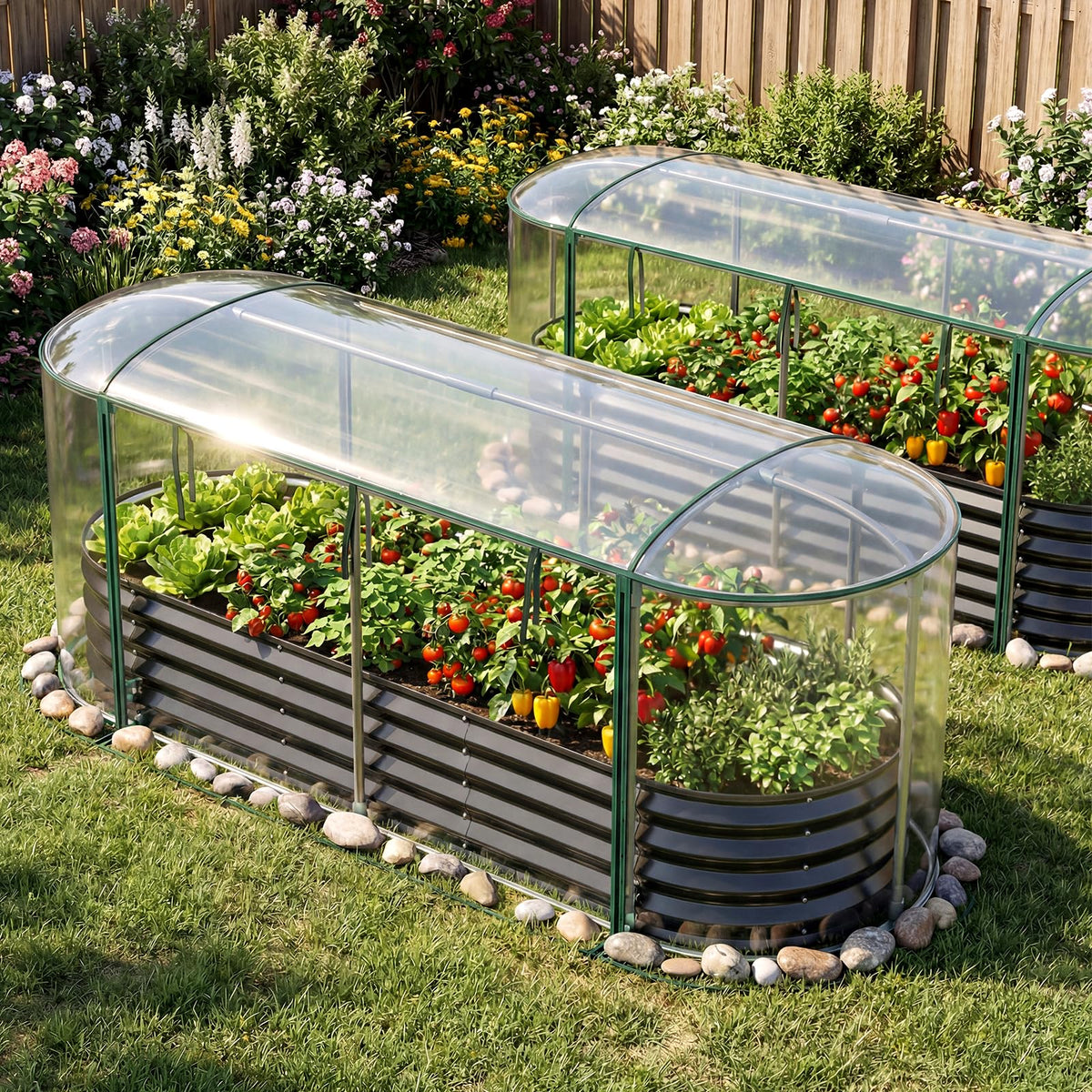 Galvanised Raised Garden Bed with Greenhouse Cover and Roll-up Window
