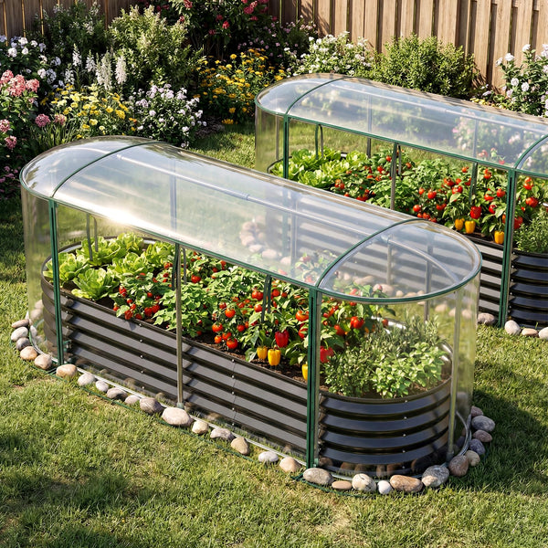 Galvanised Raised Garden Bed with Greenhouse Cover and Roll-up Window
