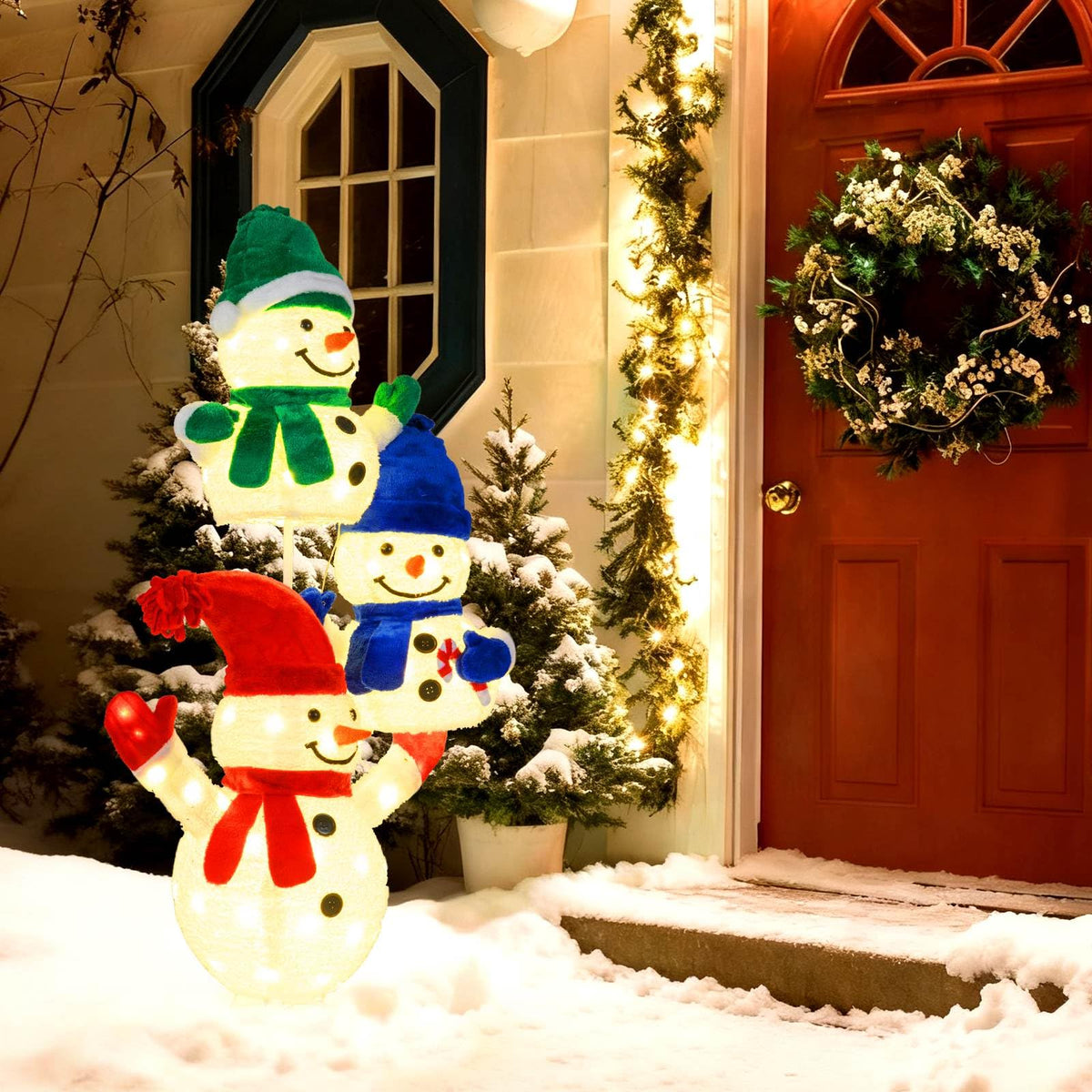 150cm Stacked Snowman Lighted Christmas Decoration, 3D Light-up Snowman with 110 LED Lights