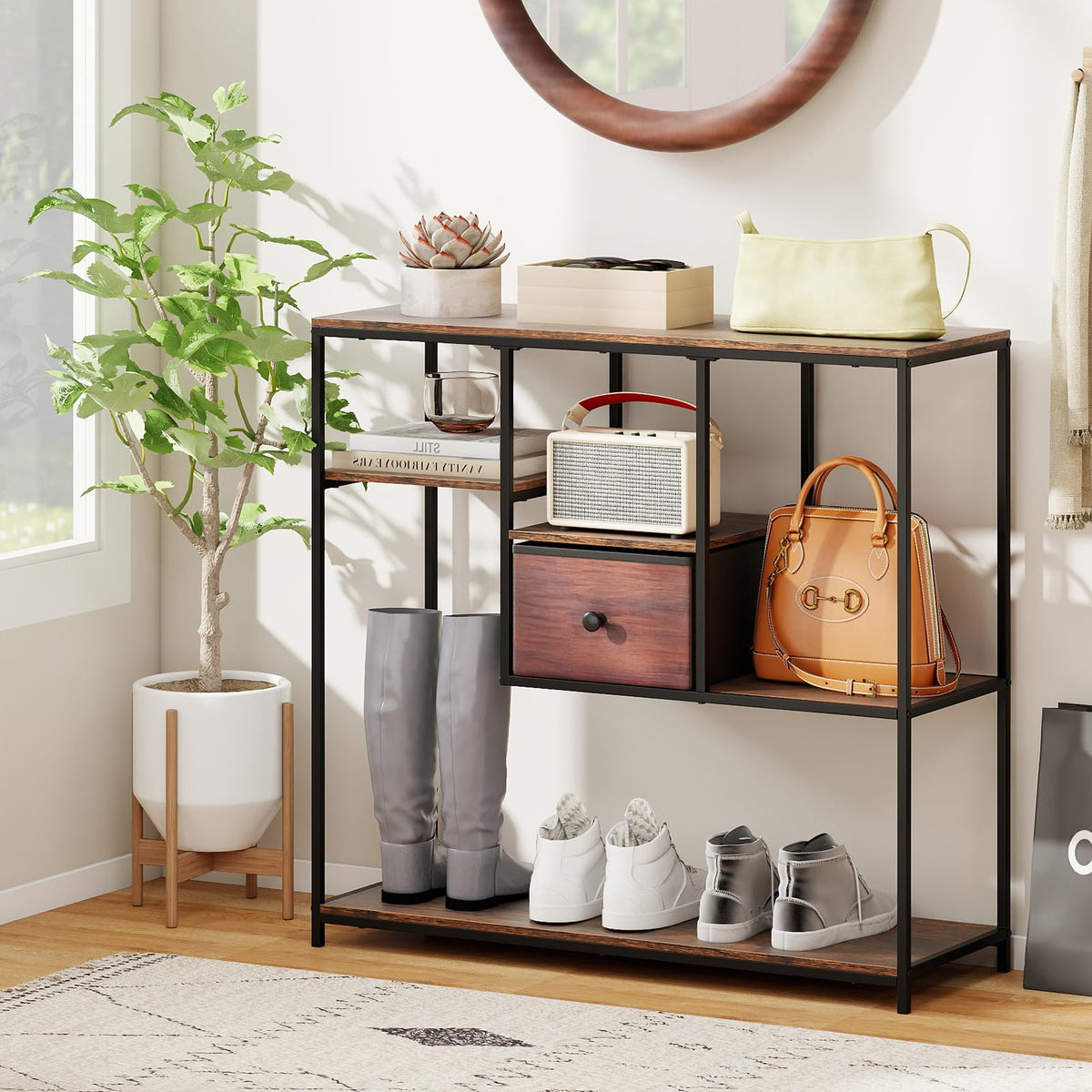 100cm Console Table with Storage Behind Sofa Couch Table with Drawer and 4-Tier Display Shelf