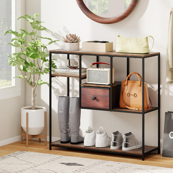 100cm Console Table with Storage Behind Sofa Couch Table with Drawer and 4-Tier Display Shelf