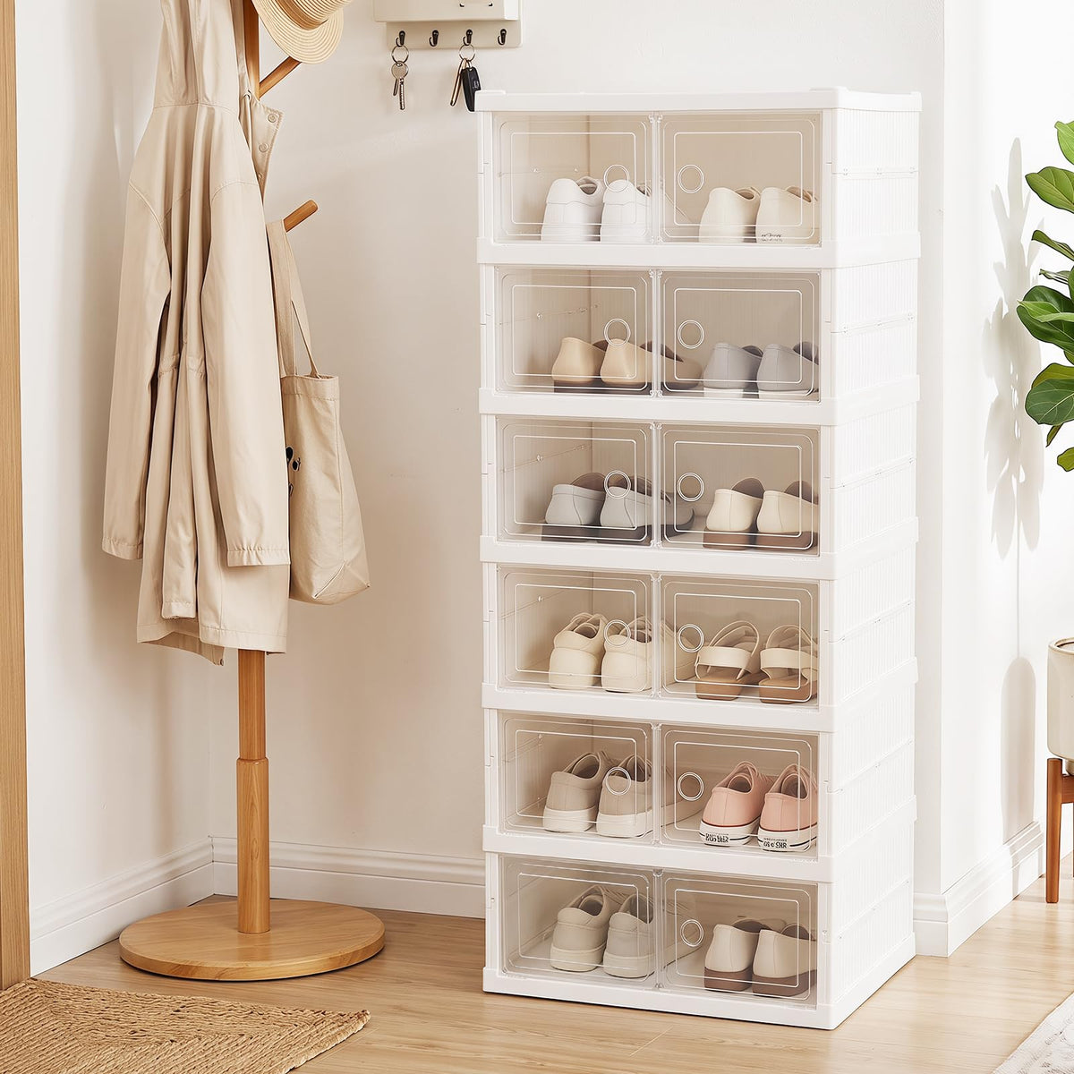 6-Tier Folding Plastic Shoe Organizer with Clear Doors and 12 Pairs for Entryway