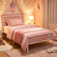 Single Size Metal Bed Frame with Floral Headboard and Footboard
