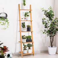 Giantex Ladder Shelf, 5-Tier Bamboo Storage Display Rack, Plant Stand Bookshelf, Wall Shelf for Living Room Kitchen, Leaning Against The Wall, Natural