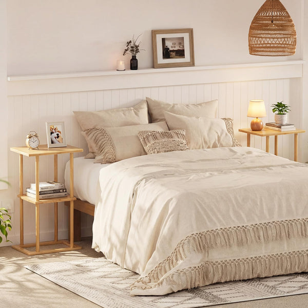 2 Pieces Side Table with Storage Shelves and Bamboo Construction for Living Room
