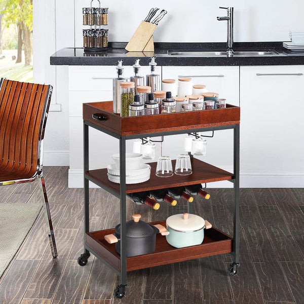 Giantex Kitchen Serving Trolley, 3-Tier Rolling Bar Island Serving Cart, Cart Trolley on Wheels with Handle