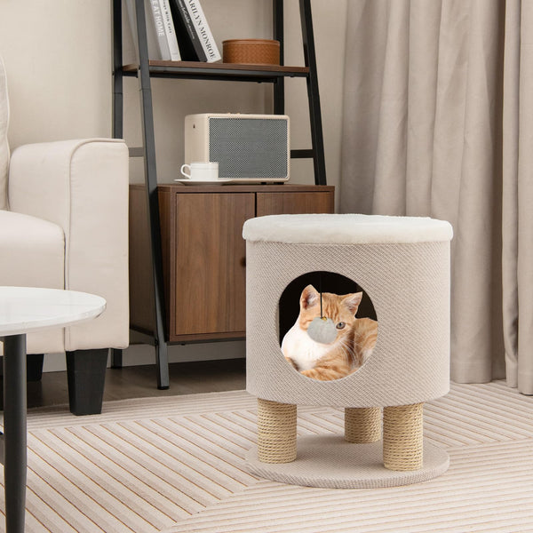 Cat Condo Stool for Indoor Cats, Pet House Ottoman & Kitty Bed with Scratching Posts & Plush Ball Toy