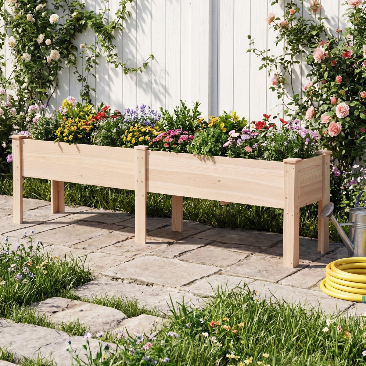 240 x 44 CM Fir Wood Raised Garden Bed with Legs, Drainage Holes for Vegetables Flowers Herbs