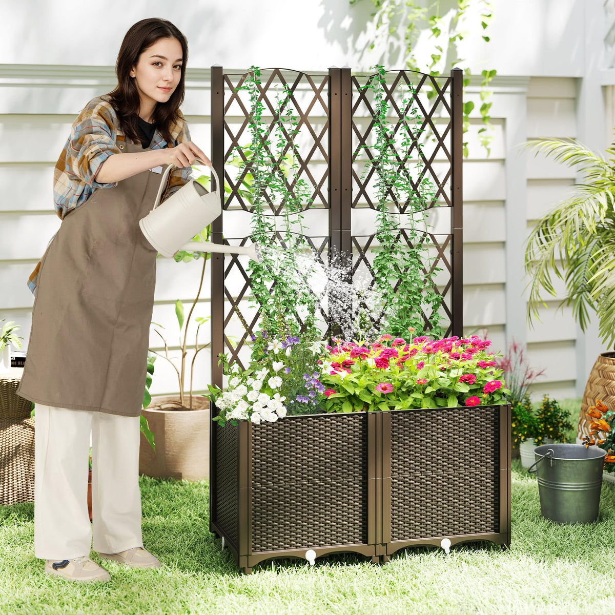 Elevated Planter Box with Trellis for Patio Balcony Vertical Garden