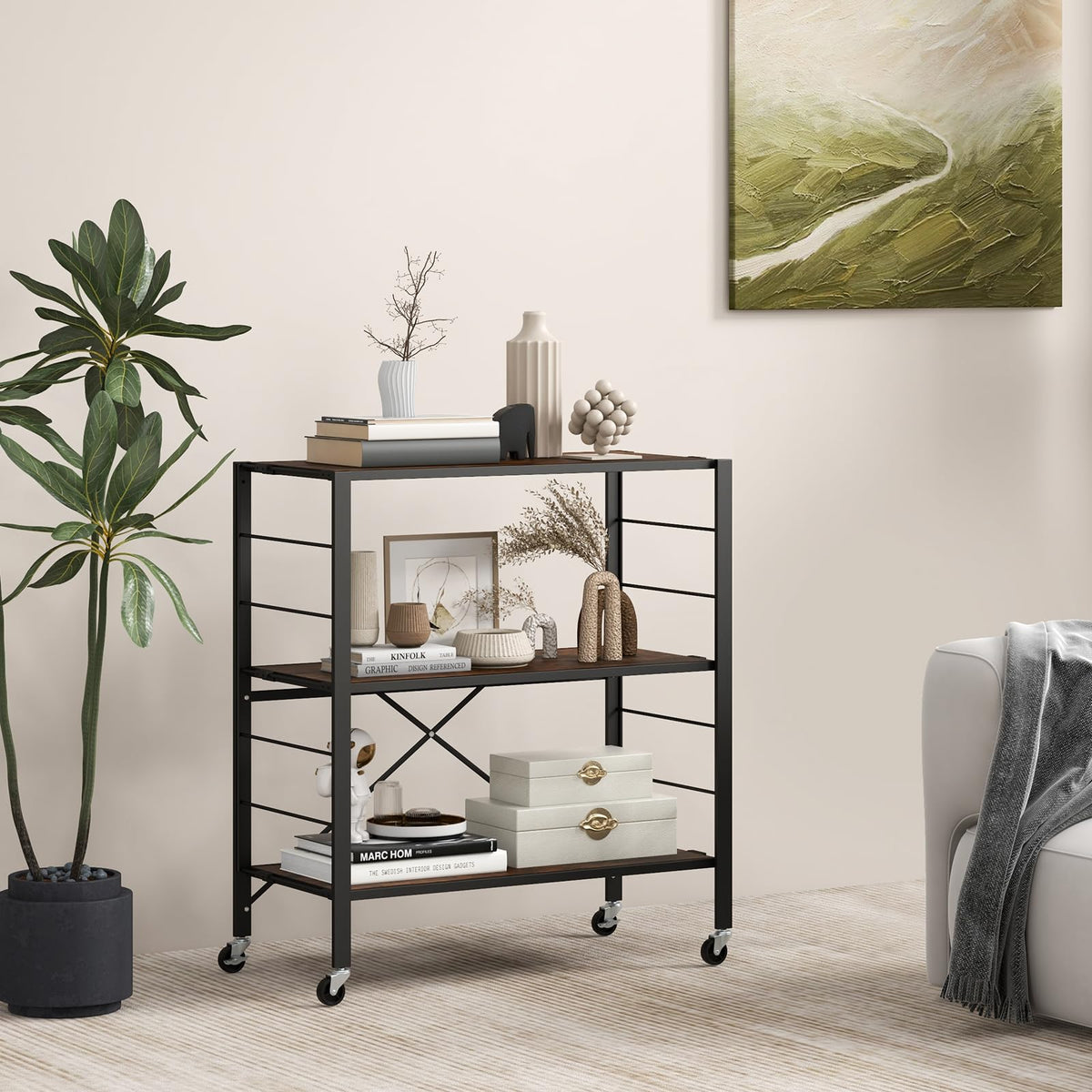 Giantex 3-Tier Foldable Shelving Unit, Heavy Duty Metal Shelves with Detachable Wheels