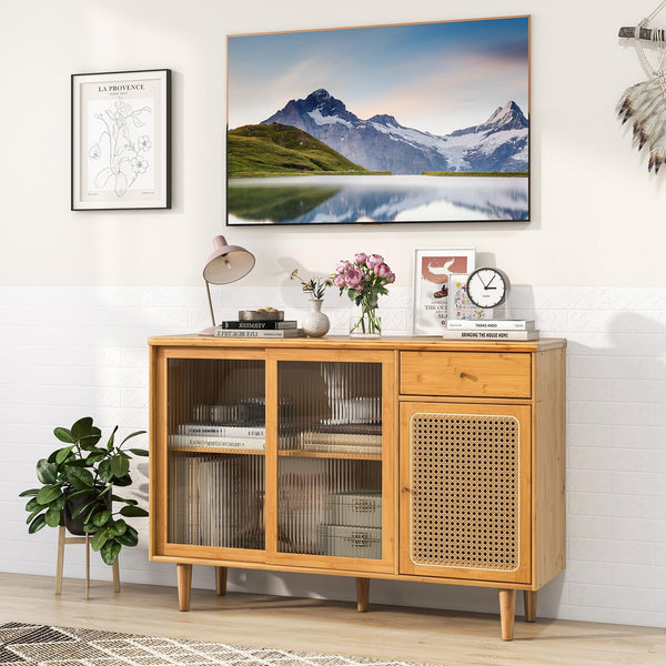 Giantex Buffet Sideboard, Mid Century Modern Bamboo Storage Cabinet w/Tempered Glass Sliding Doors