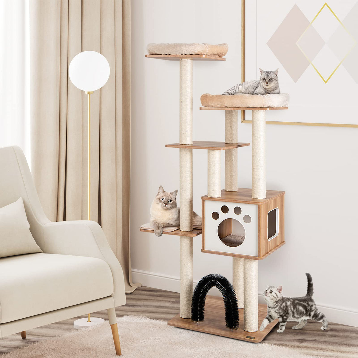 Modern Cat Tree for Indoor Cats, Multi-Level Tall Cute Cat Tree with 2 Top Plush Perches