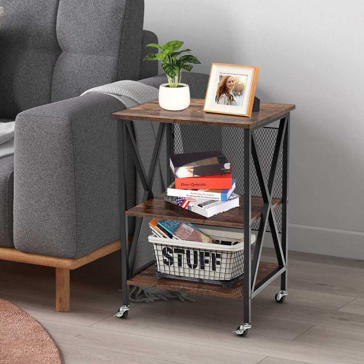 Giantex 3-Tier End Table, Rolling Turntable Stand, Rustic Vinyl Record Storage Holder w/ 3 Dividers for Albums