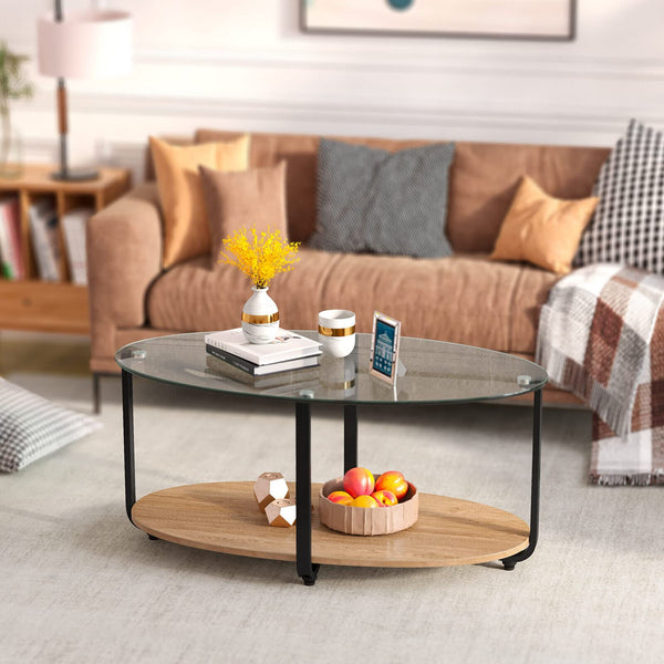 Giantex 2-Tier Coffee Table, Oval Modern Side Table with Tempered Glass Tabletop & Wooden Shelf