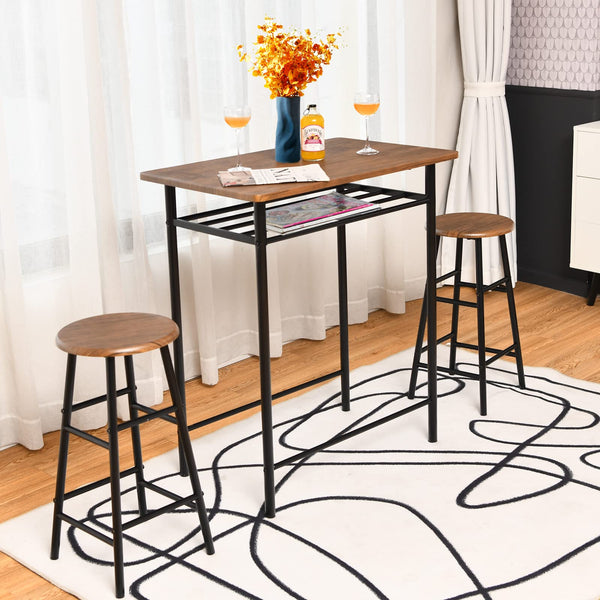 3Pcs Dining Table Stools Set, High Bar Table w/Storage Shelf, 2 Bar Stools w/Footrests (Teak)