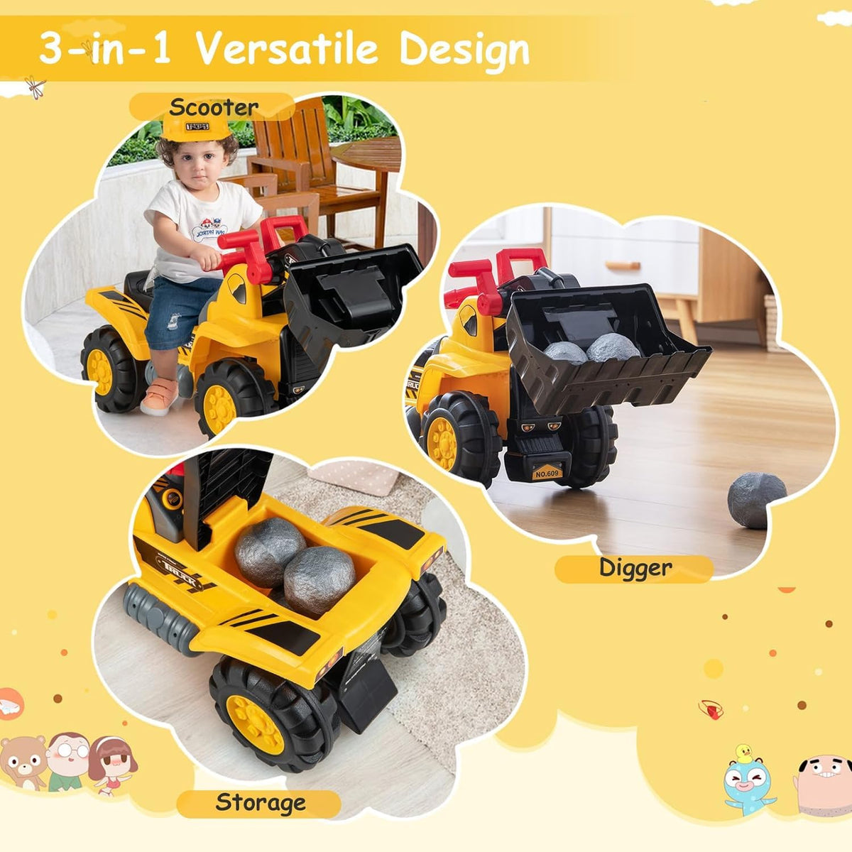 Toy Riding Bulldozer Kids Ride On Bulldozer Toy Pretend Truck with Adjustable Bucket and So ...