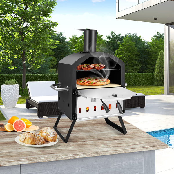 Portable Pizza Oven, Multi-Fuel Outdoor Pizza Maker w/Folding Legs & Portable Handles, 2-Tier Design, Adjustable Air Vents