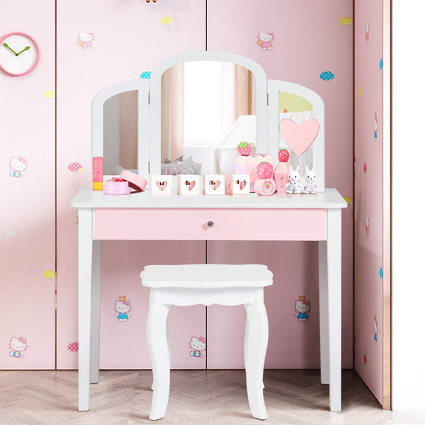 Kids Vanity Table and Chair Set, Princess Makeup Dressing Table with Drawer & Tri-Folding Mirror