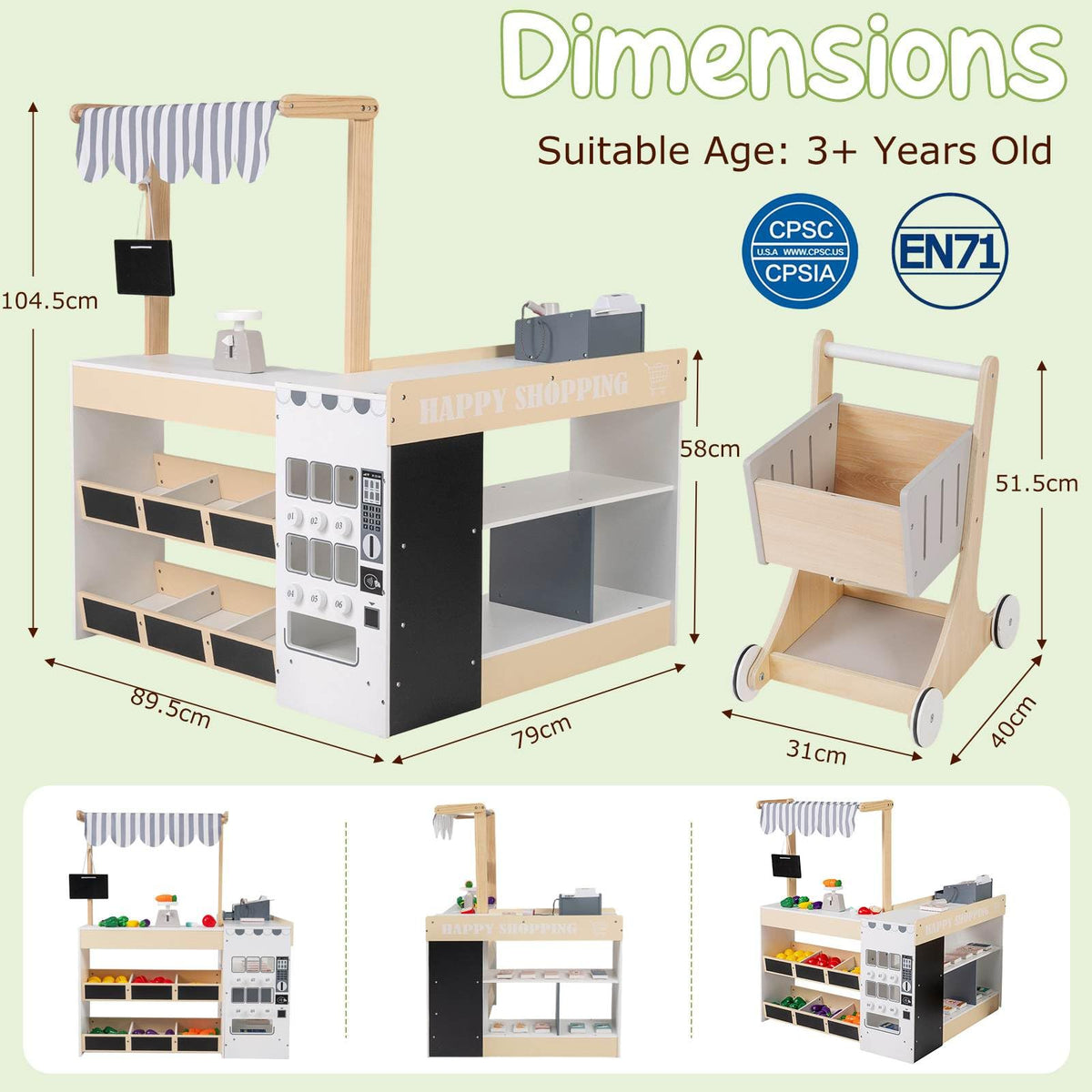 Kids Grocery Store Playset, Wooden Pretend Play Supermarket