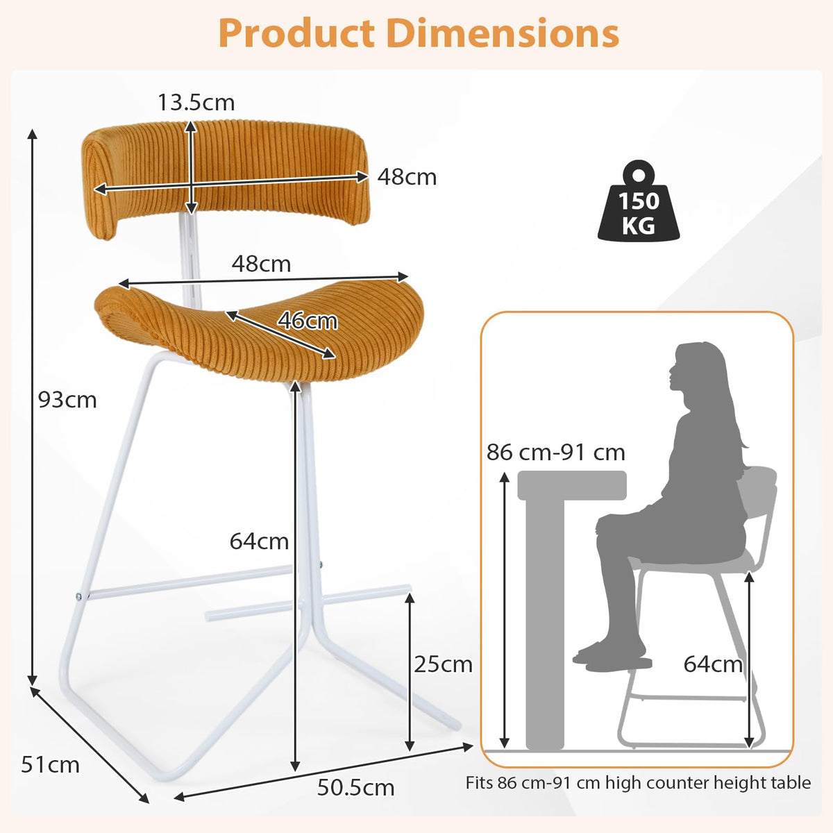 Giantex Counter Height Stools Set of 2, Fabric Upholstered Armless Barstools with Curved Back & Padded Seat