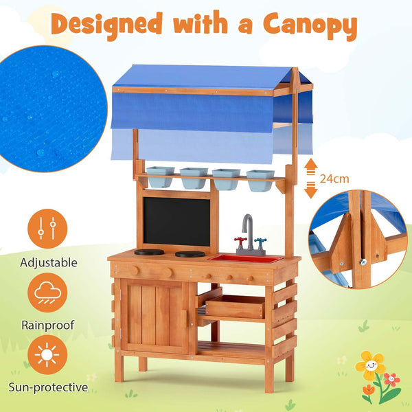 Mud Kitchen, Wooden Pretend Play Kitchen with Height Adjustable Canopy, Blackboard, Planting Cups, Stoves, Sink