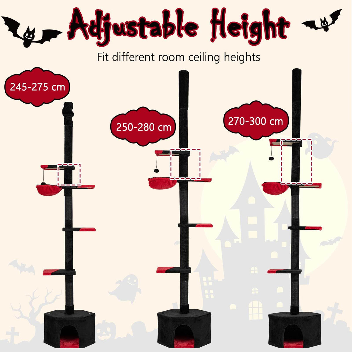 Floor to Ceiling Gothic Cat Tree 245-300 CM Adjustable, 5-Tier Tall Multi-Level Cat Tower