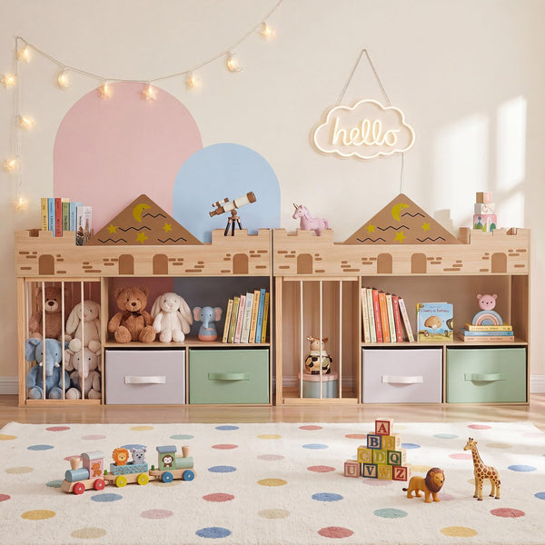 Kids Bookshelf with Stuffed Animal Storage and Fabric Drawers