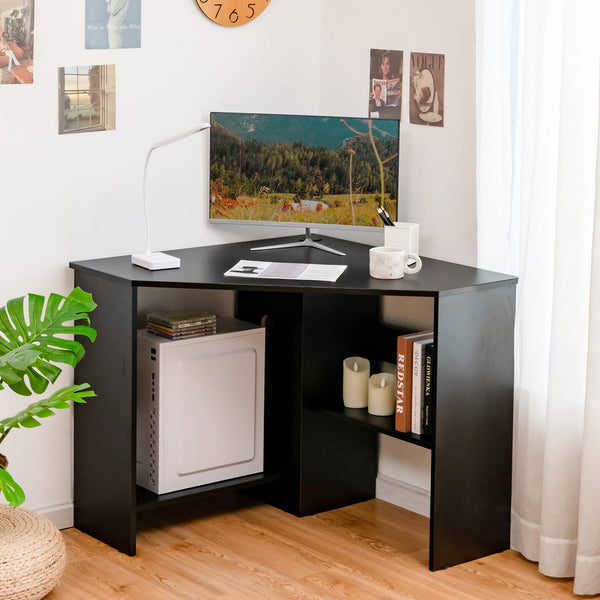 Compact Corner Desk, Corner Study Working Table, Space-Saving, w/ Bookshelves & Cable Hole & Host Storage Shelf (Black)