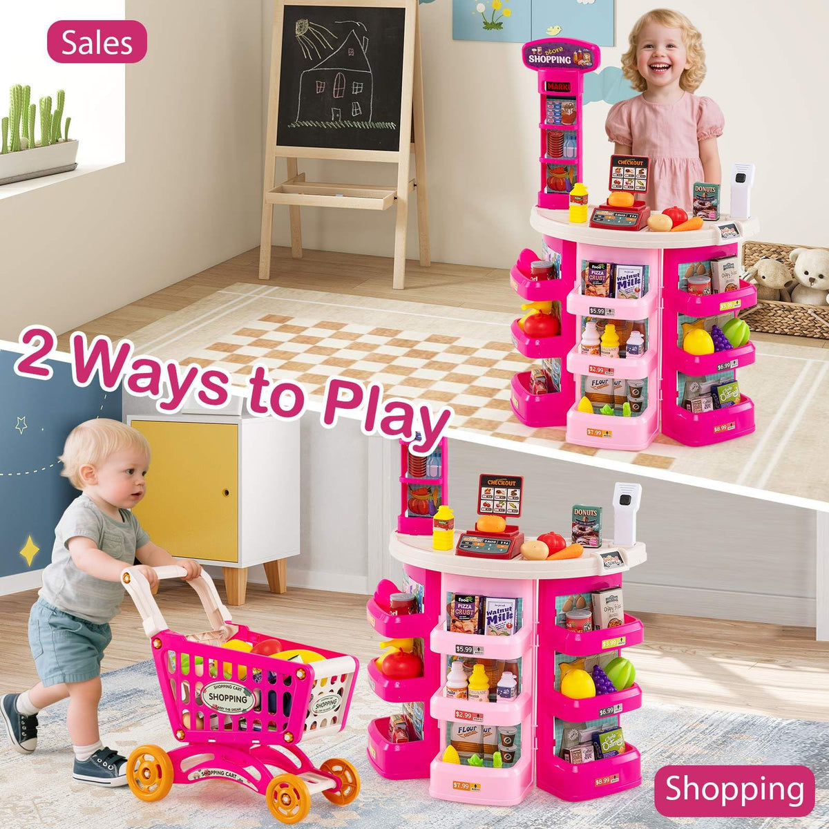 76PCS Supermarket Playset, Kids Pretend Play Grocery Store Set with Shopping Cart