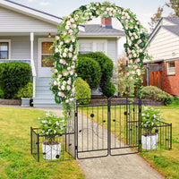 2.2M Garden Arbor, Metal Arch Trellis Lockable Gate, Arched Top Arbor Trellis w/Side Planters