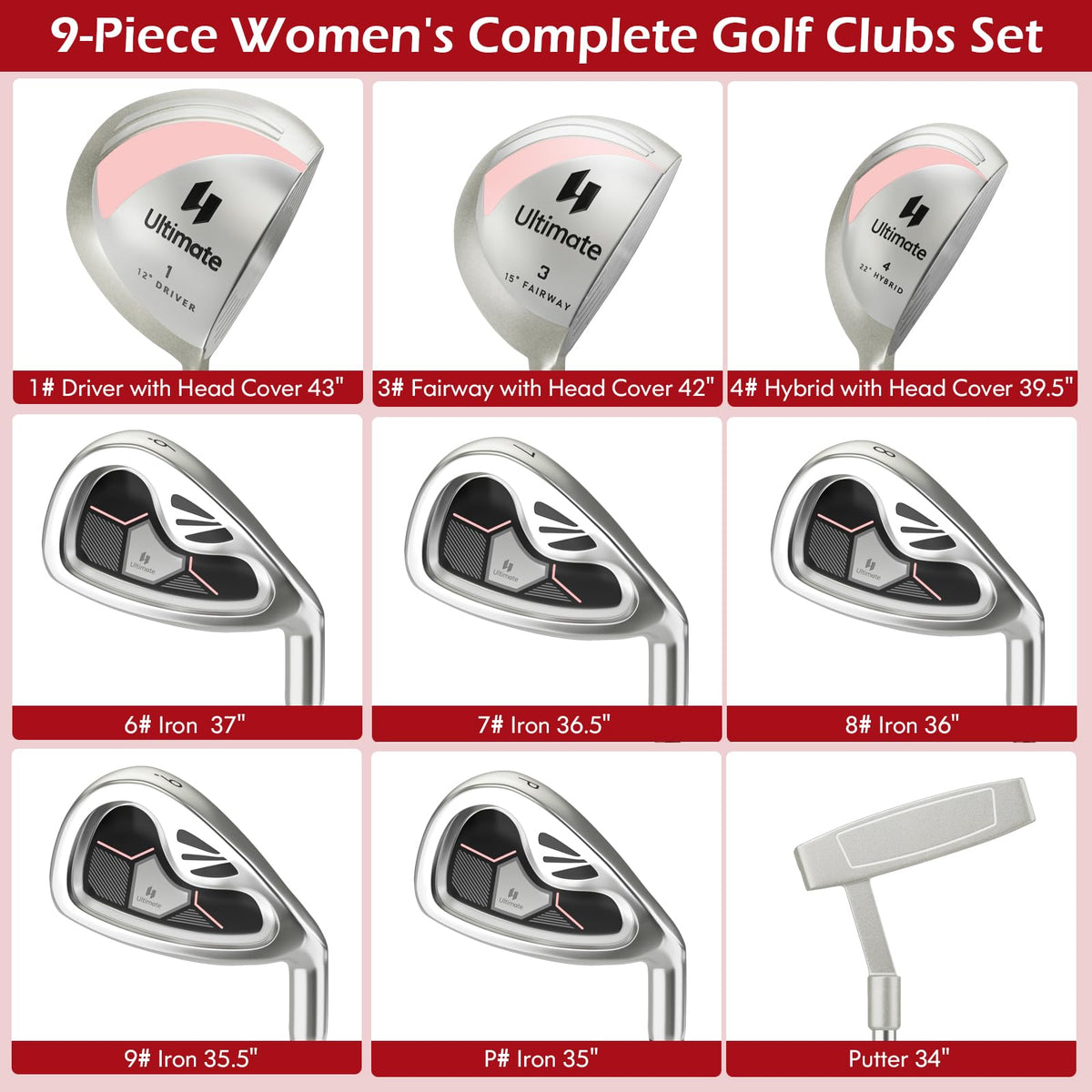 Men/Women's Complete Golf Club Set 9 Pieces, Includes 460cc Alloy Driver