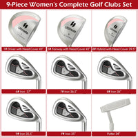 Men/Women's Complete Golf Club Set 9 Pieces, Includes 460cc Alloy Driver