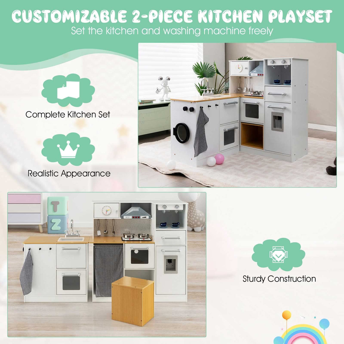 Wooden Pretend Play Kitchen & Washing Machine Toy Set w/Realistic Light & Sound