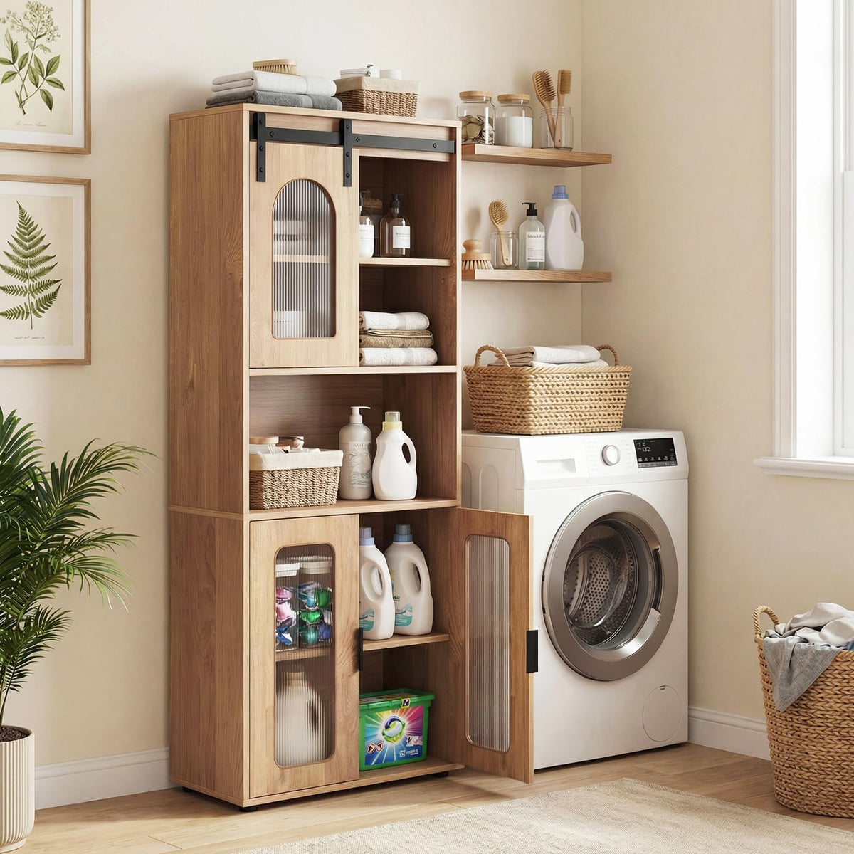 Farmhouse Bathroom Floor Cabinet with Sliding Barn Door and Shelves