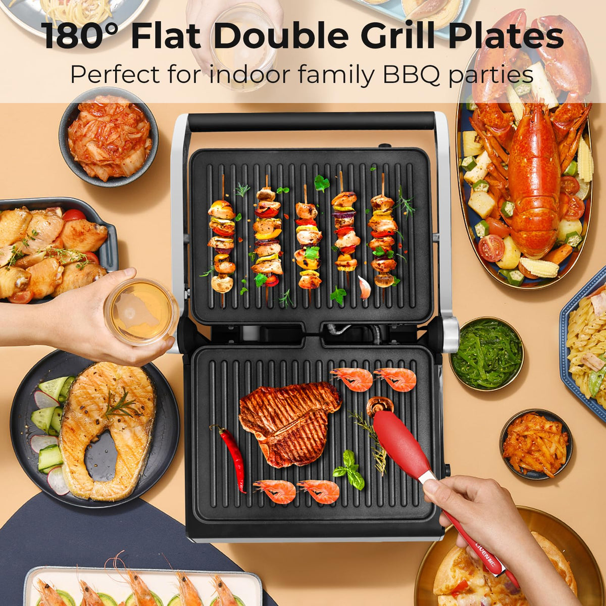 3 in 1 Indoor Grill with Nonstick Grill Plates & Removable Drip Tray
