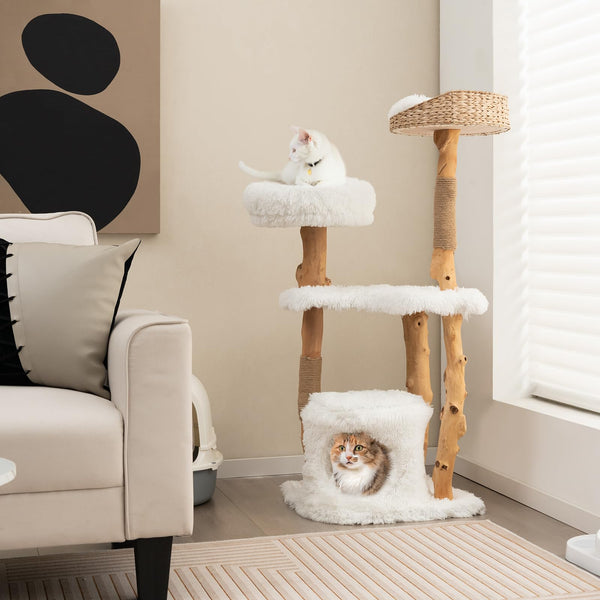 124 CM Tall Wooden Cat Tree, Solid Wood Cat Tower