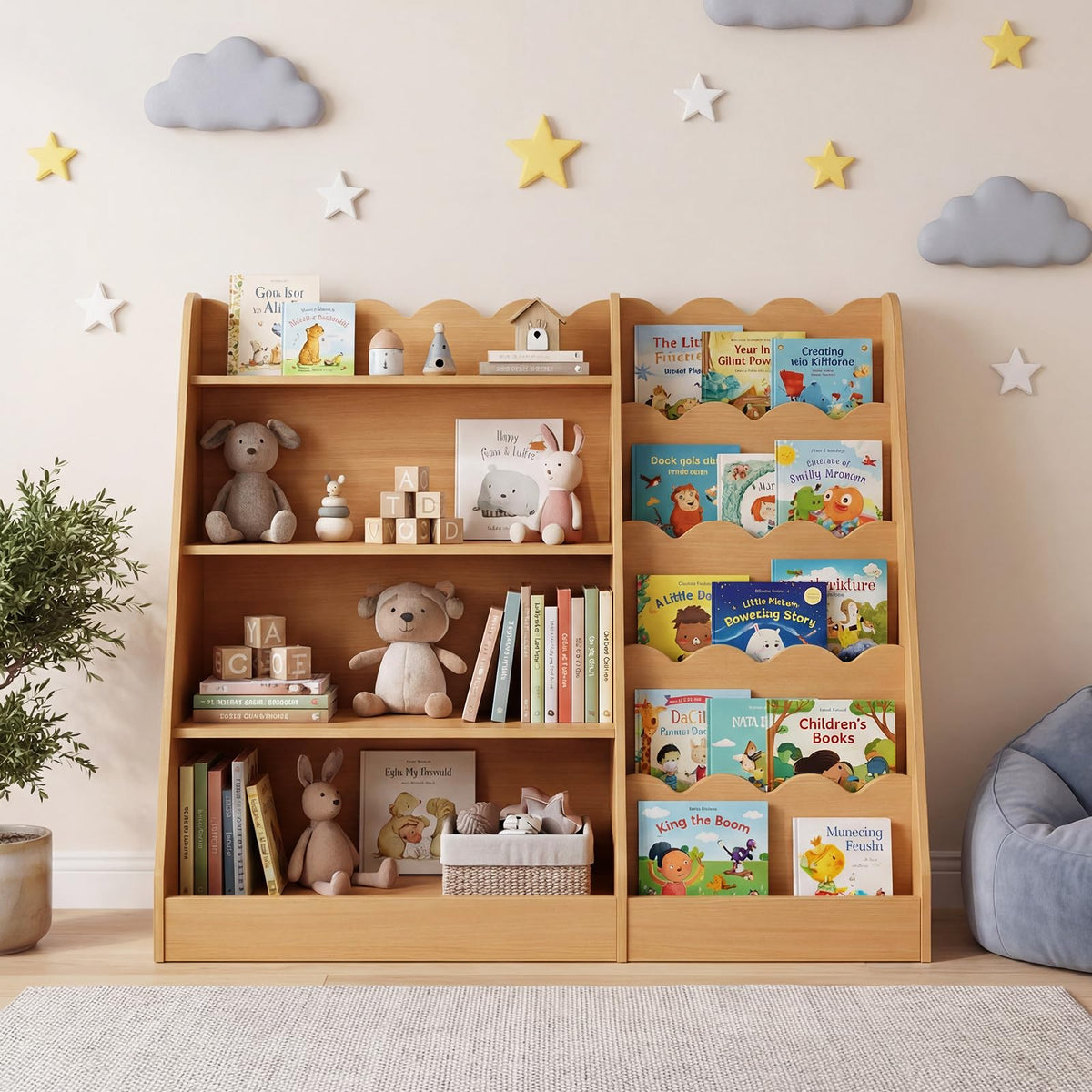 5-Tier Scalloped Shelves, Deep Compartments, Wooden Book