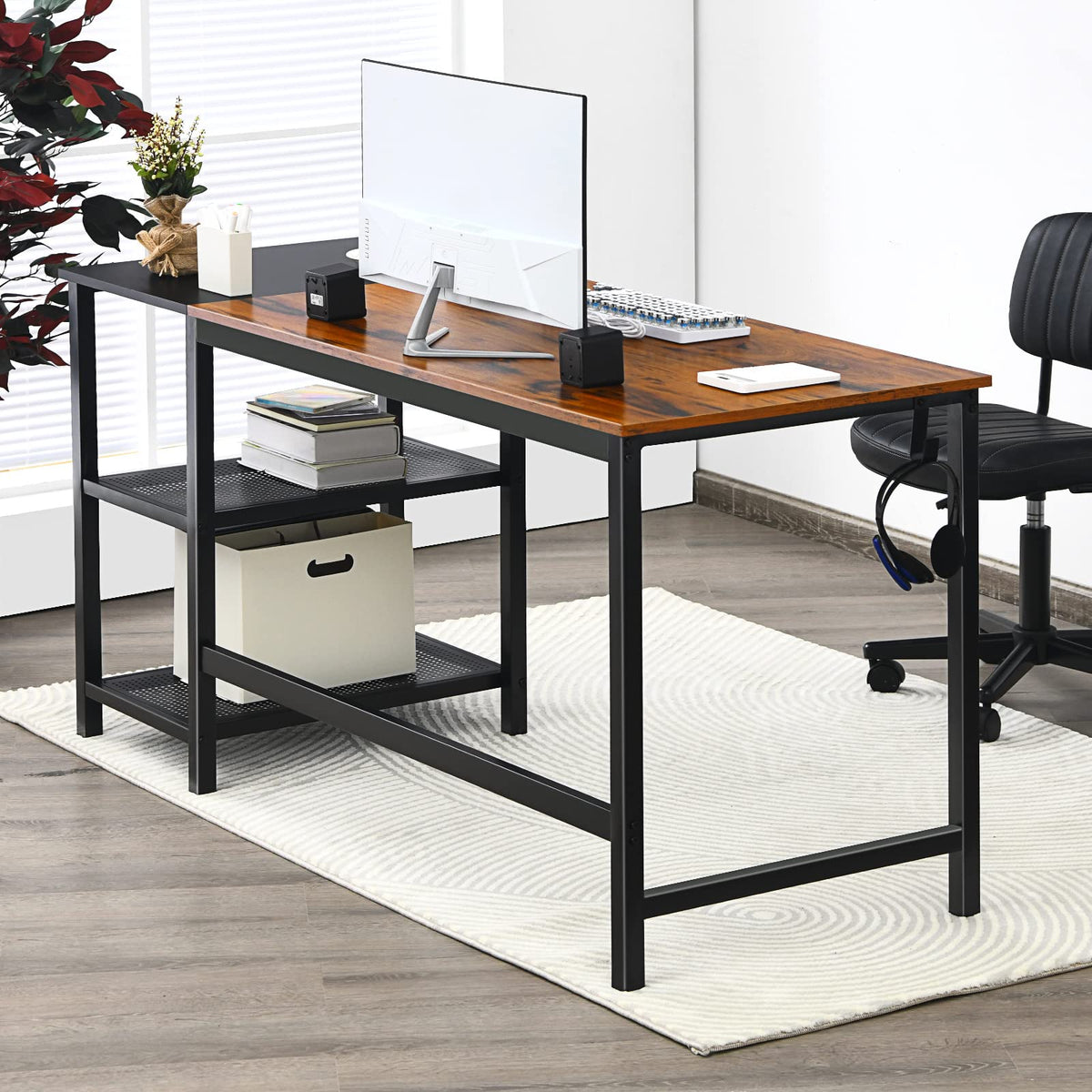 Giantex Industrial Computer Desk, 150cm Large Writing Workstation with 2-Tier Storage Shelf & Headphone Hook