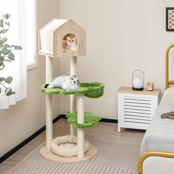1.4M Cute Cat Tree for Indoor Cats, Multi-Level Wood Cat Tower w/Sisal Scratching Posts