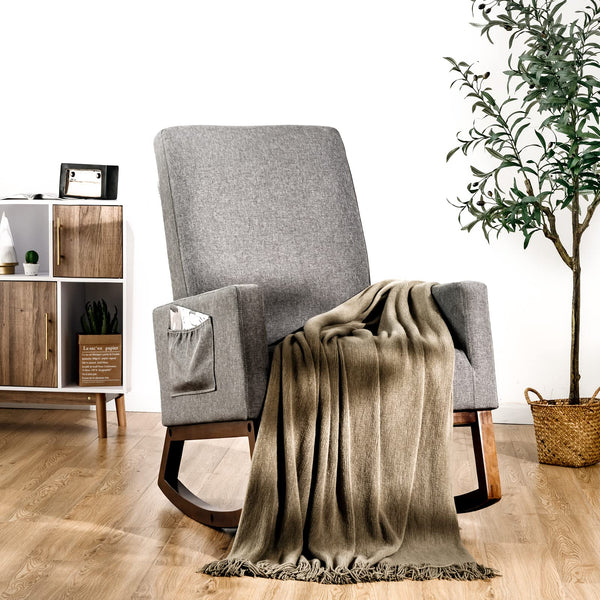 Giantex Modern Rocking Chair, Upholstered Fabric Armchair with Rubber Wood Base, Linen Padded Seat