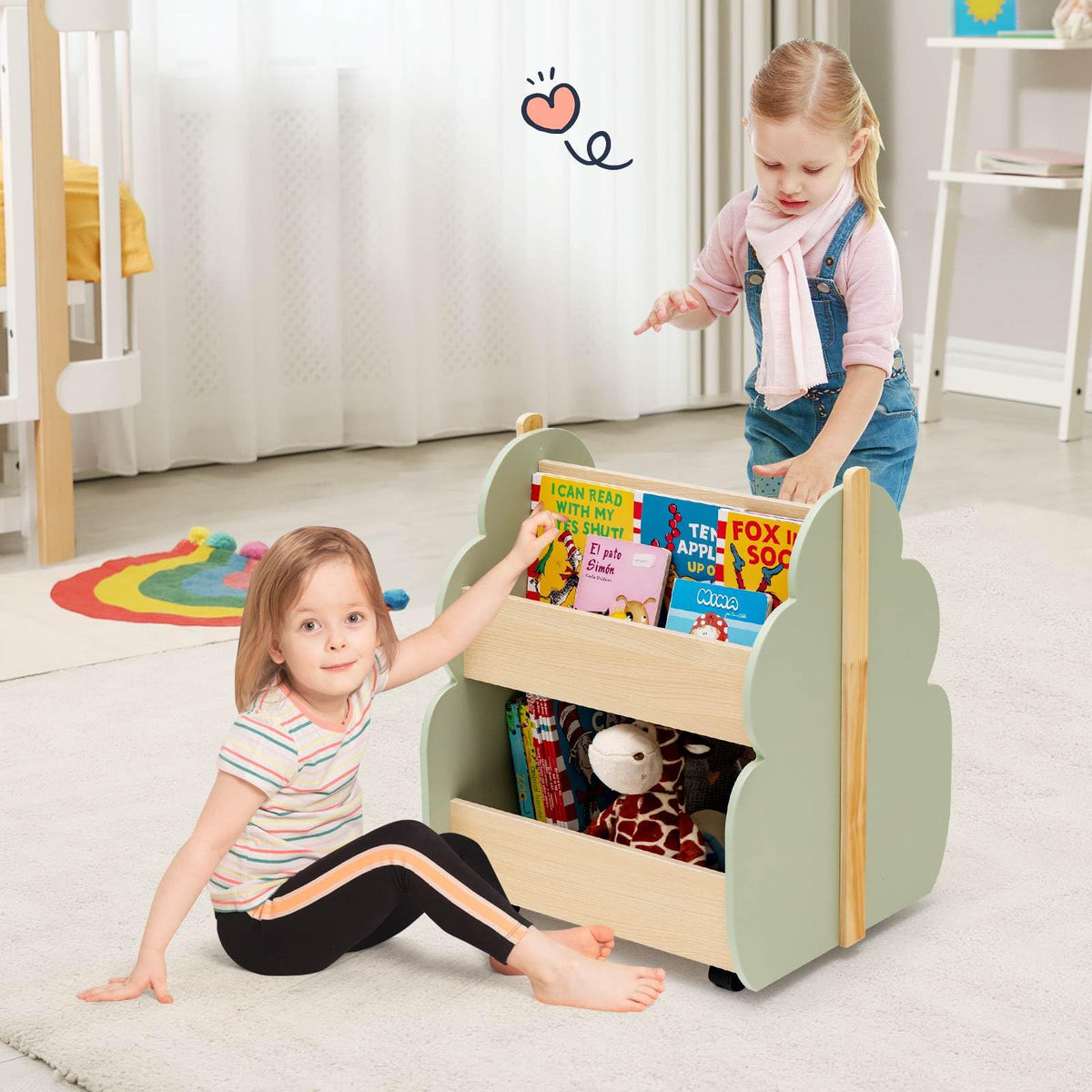 Kids Wooden Bookshelf with Universal Wheels and 2-Tier Storage Shelf
