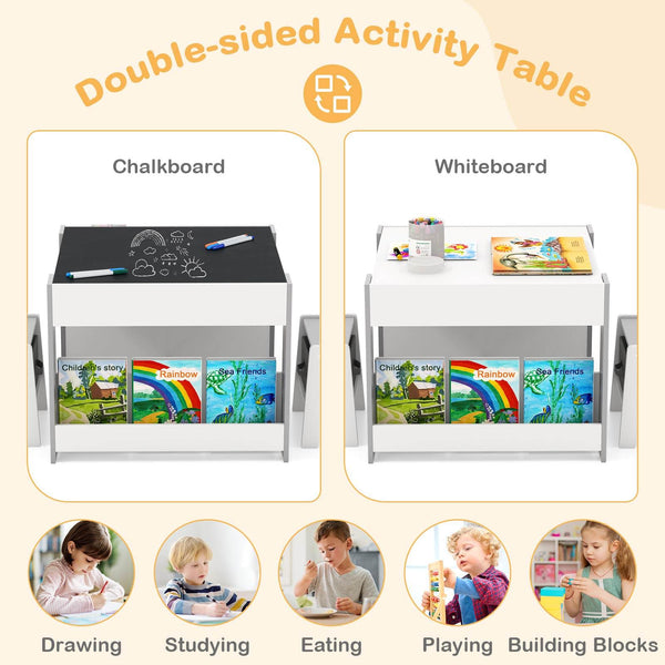 4-in-1 Kids Wooden Activity Table with Reversible Blackboard and Bookshelves