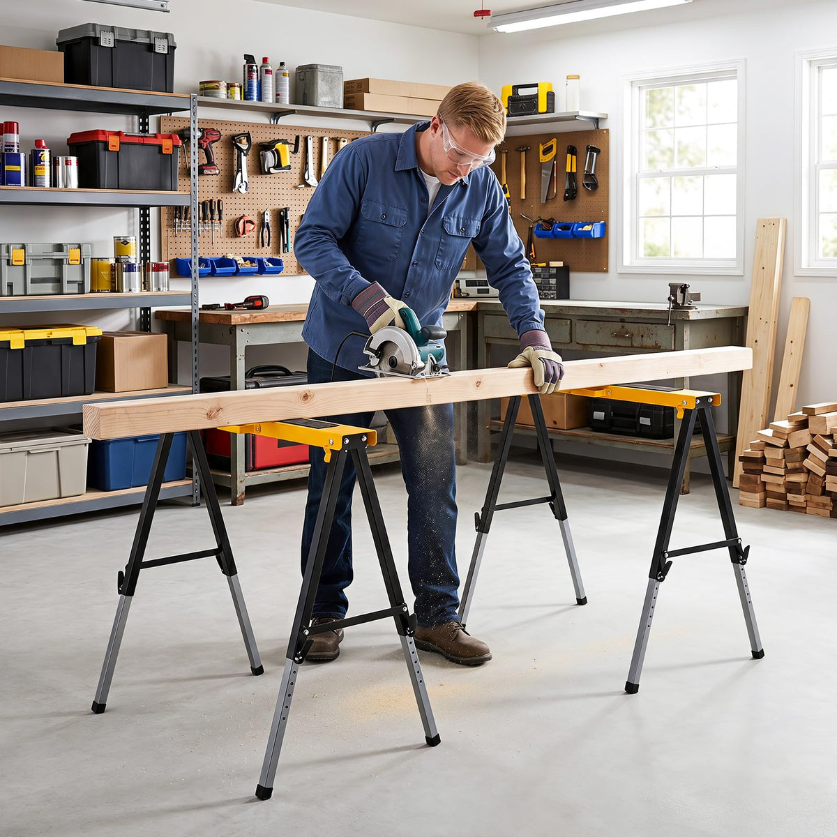 2 Pack Folding Heavy Duty Metal Saw Horses with 12 Adjustable Leg Heights and Carry Handles