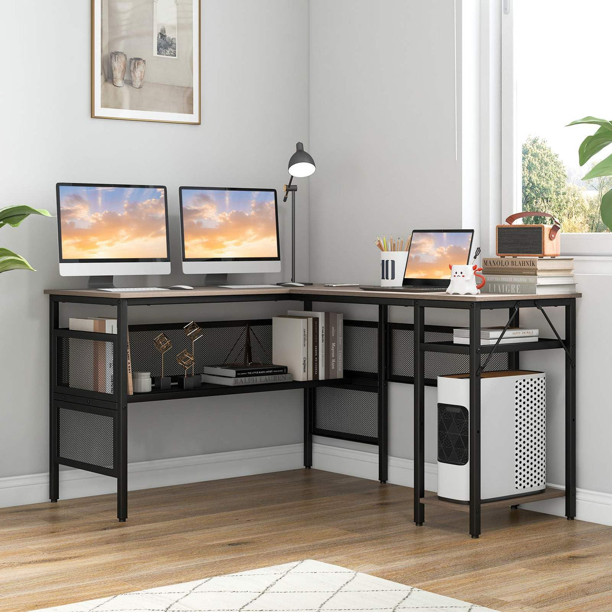 Reversible L-Shaped Computer Desk with Adjustable Shelf and CPU Stand