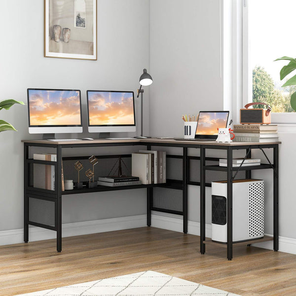 Reversible L-Shaped Computer Desk with Adjustable Shelf and CPU Stand