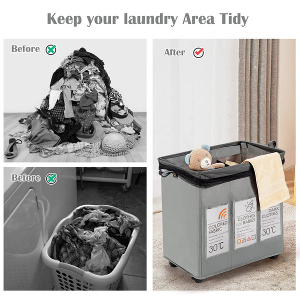 3 Section Laundry Basket, 120L Laundry Cart with Card Pockets, Laundry Sorter Hamper w/ 4 Lockable Wheels & Handles (Grey)
