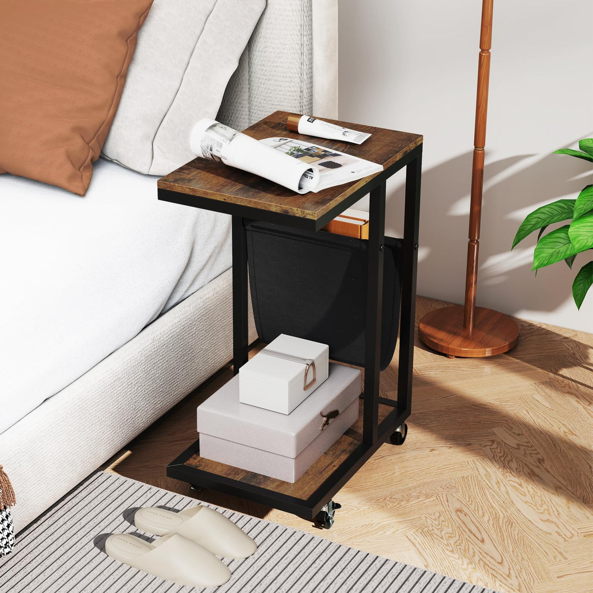 C-Shaped Side Table on Wheels