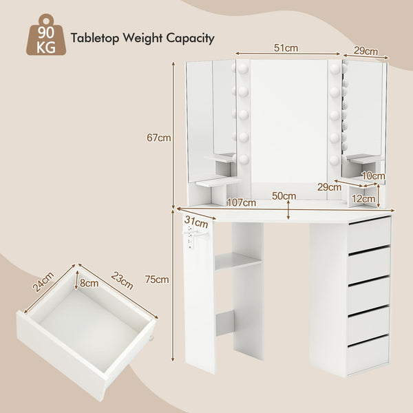 Giantex Corner Vanity Desk with Lighted Mirror, Makeup Vanity Table with Power Outlets
